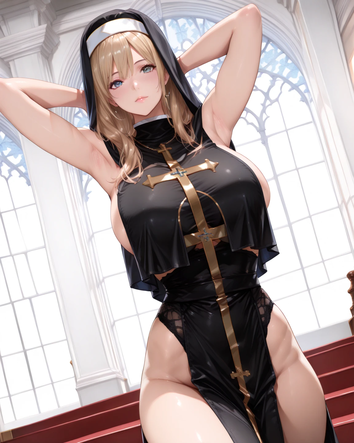 woman,Tie to the cross,blacksilk,high-heels,Sick expression,Black hair,The face is delicate,Bare chest