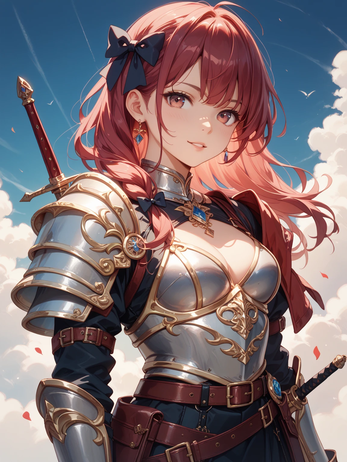 #Basics A girl is posing for a photo, animeのかわいい女の子, (((One Girl, Baby Face, Young girl, 16 years old))),
BREAK
#Clothing Accessories
((Silver and gold)Quinceañera(Long skirt dress)Armor of:1.6) + ((Silver and gold)Breastplate:1.6), ((Silver and gold)Gauntlet:1.6), (Red cape with shoulder pads:1.6), (Silver and gold)Combat Boots:1.4),
((Luxury Silver Bracelets, large silver necklace, Silver Tiara)),
BREAK
#Features
(((Red hair:1.6)), Bangs that expose the forehead:1.4, Chest-length sideburns:1.4 + Curly hair:1.4, (Short Hair : Curly Hair + Curled up + Plump and voluminous)),
(Droopy eyes,blue eyes), (Small breasts),
BREAK
#expression
(Glaring, Screaming, Angry),
#background environment
((noon, Sunshine + Castles in a fantasy world:1.4, Ready your sword:1.4)),
#composition
((To the camera:1.4, Dynamic Pose:1.4, Cowboy Shot:1.4)),
BREAK
#Body parts elements
(Detailed hair, Beautiful Hair, Shiny Hair),
(double eyelid, Long eyelashes),
(Expression of fine eyes, Beautiful and delicate eyes, Sparkling eyes, Eye Reflexes),
(Human Ear),
(Beautiful Nose, Thin Nose),
(Glossy lips, Beautiful Lips, Thick lips), (Symmetrical facial features),
(Detailed skin, Textured skin, Beautiful Skin),
BREAK
#Quality
(((Highest quality)), ((masterpiece)), ((Very detailed))), ((High resolution), (16K,1080P)),
(Realistic), (Anatomically correct),
((comics, anime)), (3DCG), CG illustration,