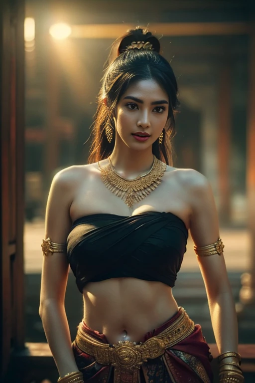 beautiful girl ,Thailand Female Warior, walking at thai temple, dynamic poses, chut thai, Long wave hair,black eyes,abdominal muscles, plumpy body, rounded breast, (big breast:1.3), cleavage, Morning sunshine, Eyes on the audience, (dynamic poses), ((face details)), Double eyelids, reeds, realistic, masterpiece, highest quality, lens flare, shade, old temple, temple, [[chromatic aberration]], by Jeremy Lipking, by Antonio J. Manzanedo, digital painting, HDR, high contrast
