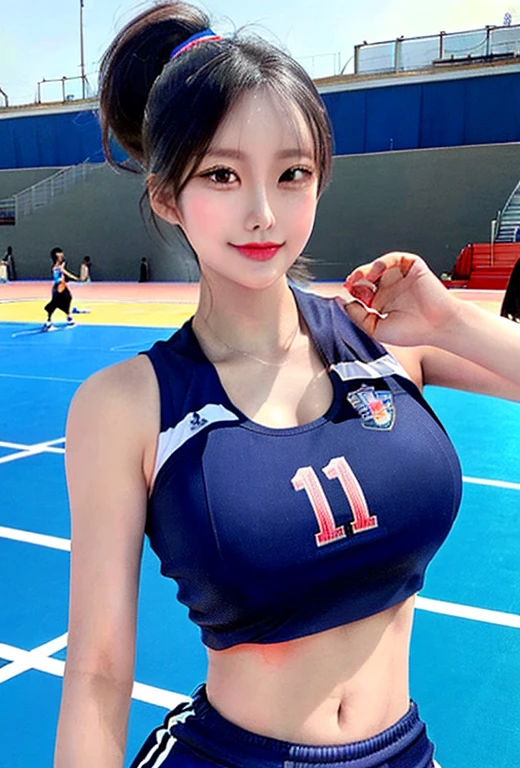 8K RAW Photos, Cool Korean 17 year old, Big round breasts,, Blue T-shirt 、Captivating smile, Beautiful slim legs, Light blonde hair, Bobcut, Earring、Sunburned skin、Ultra Mini Skirt、 tanding posture、cute、Baby Face、slender,Gal Makeup、very droopy eyes、blue baseball hat