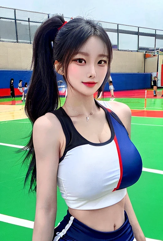 21yo girl, blue hair, (twintail Hair). Cute smile,Wearing orange oversize t-shirt,, show shoulders, cleavage, show big thigh, Ultra Gigantic breasts:1.6 ,hands holding breasts,plumpy body, standing pose , background on gym