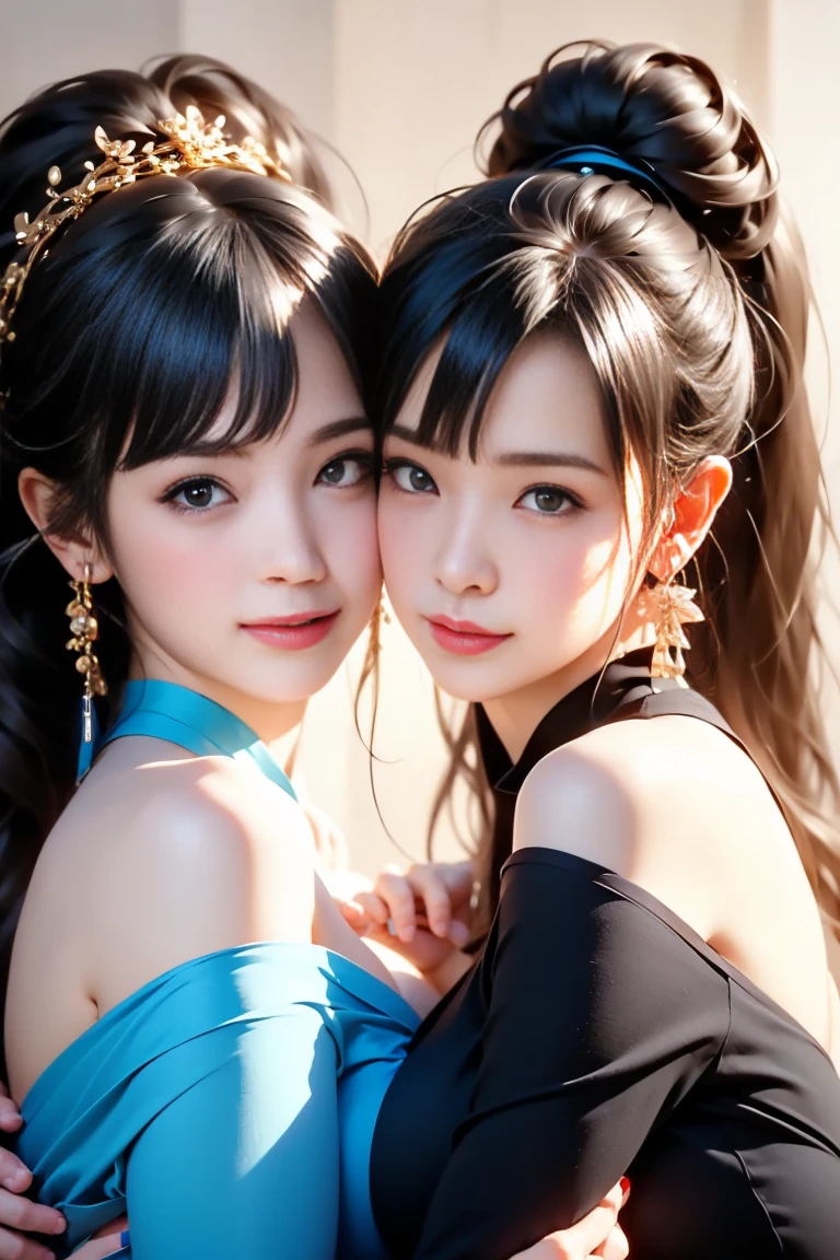 (Positive focus, Original photo),(((model shoot,2girls,duo,Hugging))),navel,Portrait close-up, (Sunset: 1.1), Surrealistic Female Portraits by David Hockney and Alphonse Mucha, Fantasy art, (Blue pupil: 1.4, shiny pupils: 1.4, Big eyes: 1.1), Photo fidelity, Dynamic lighting, Art Station, poster for, voluminetric lighting, Very detailed face, 4K, Award-winning, Shadows, understated, (official outfit: 1.4, Complex clothing), Looking at the camera, Bust Up Shot, (Realistic face)),