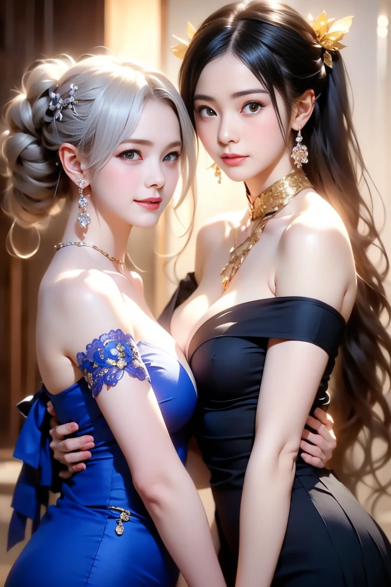 Arapefi, (2 girls，(One of them wore a pink princess dress，1.5，），(The other wears a blue princess dress，1.5，white color hair））， The chests collided together，Look up at the camera， wearing high heels，Wear a crown，choker necklace，ssmile，Close up from above，next to a window, In the castle, Sense of transparency，（oversized boobs，1.5），Expose cleavage，Turn around and look at the camera，tmasterpiece，Flawless，Sense of transparency，Empty inspiration，More details and decoration，Exposing thighs，8K，（Wear decorations such as rings，1.9），White-colored skin，Ornate ornament，Bouquet，stocklings，(Dissection is correct，PremiumQuality, high detal, Masterpiece）