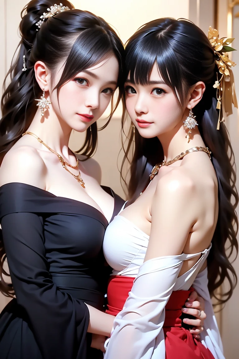 ((Angle of view that allows you to see the whole body)),((masterpiece)),((Highest quality)),((8K)),((Ultra high definition)),((high resolution)),((detailed)),((Perfect body)),((Perfect Face)),((Two Chinese beauties)),((Lesbian))、((Two people kissing))、((Kiss with tongue out)),((huge breasts:1.3)),((Vigorously rubbing the opponent's chest)),((中国のprincess)),((Ecstatic expression)),((Blushing)),Chinese Beauty、princessの衣装、Very dense makeup、Jet Black Hair、Shiny Hair、Glowing Skin、Super Straight Hair、Long Hair、Bedroom、royal palace、Luxurious and gorgeous、Gorgeous hair ornament、gold、Royal Family、Yang Guifei、princess、