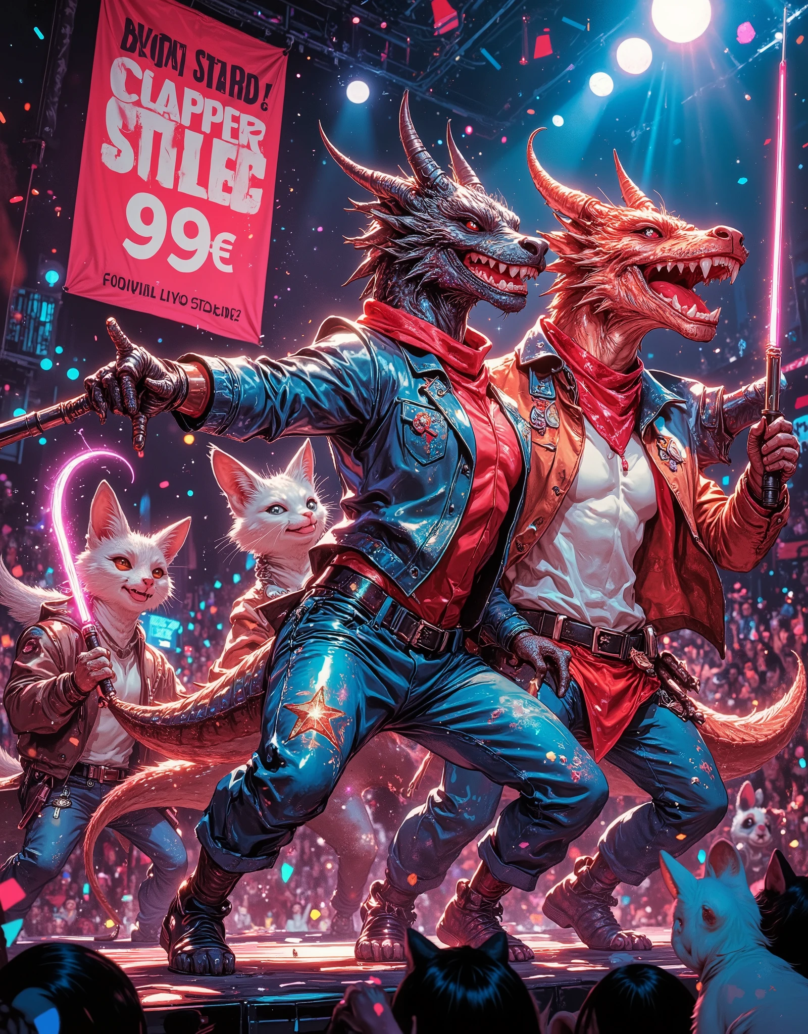 A vibrant K-pop group of 4 cheerful cartoon dragons wearing stylish stage outfits (glittery jackets, sequined jeans, bandanas). They’re dancing energetically on stage, but instead of microphones, they’re holding applause sticks (cheer batons), waving them like glowing lightsabers. One dragon is singing into an imaginary stick-microphone, another is doing a backflip, and a third is wagging its tail to the beat. The background is a concert hall with neon lights and a crowd of animal fans (foxes, bunnies, cats) waving the same sticks. A large banner in the back reads: ‘HOT SALE! Clapper sticks — just 99₽! Limited stock!’. The style is a mix of Disney animation and Asian manga-pop art, with vibrant colors, sparkles, and glow effects.
