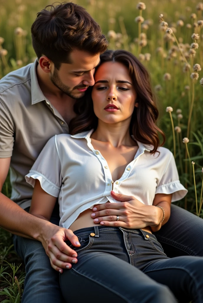 Caucasian woman resting her head on man's shoulder、photograph、sitting、romantic atmosphere。