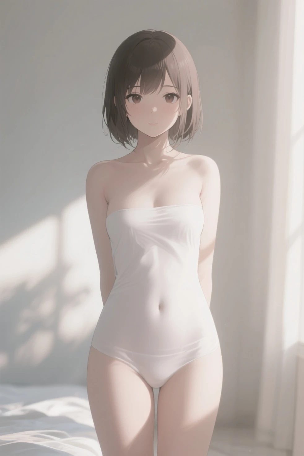 Masterpiece、Highest quality、Highest quality, (long and thin legs, shoes:1.2), Arm behind wrist, squat、Spread your legs、1 girl, (smile、Open your mouth大笑い:1.2), Cute eyes, (Detailed face:1.3)、Open your mouth, The whole face turns red, alone, Oversized breasts, Big and ample breasts, (Straight bangs, bowl cut:1.2), White maid outfit、(Bust only micro bikini)、Side bust、Underbust、belly button、Walking through the mansion'corridor、nsfw、shoes下