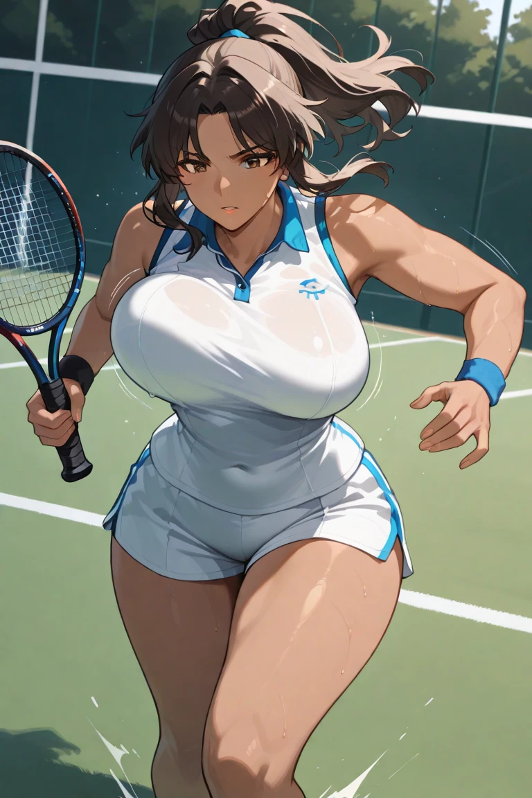 (masterpiece, best quality:1.2), balsamique, 1girl, solo, Extremely busty thin and toned brunette tennis player, fair skin, loose updo, soft face, athletic, white tank top, pink skirt, white tennis visor. detailed background, tennis court.