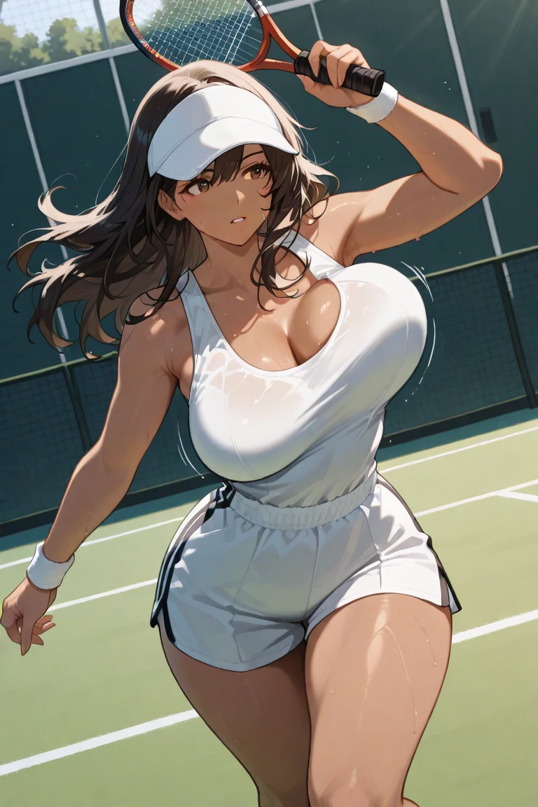 ((Best Quality)), ((masterpiece)), (detailed), 1 girl, ((playing tennis)), with tennis uniform, sweating, ((big breasts)), wide hips, on a tennis court,((Whole body)),((looking at the viewer))