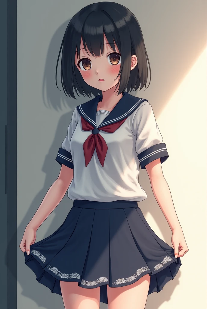very cute female child,8 yo,school uniform,pleated skirt,black hair, flat chest,barefoot,sweat, summer,day,tatami,indoors, sunlight,standing,shirt lift, looking away,
solo, 1girl,
BREAK
masterpiece, best quality,ultra-detailed,
electric fan,wind,
white panties,