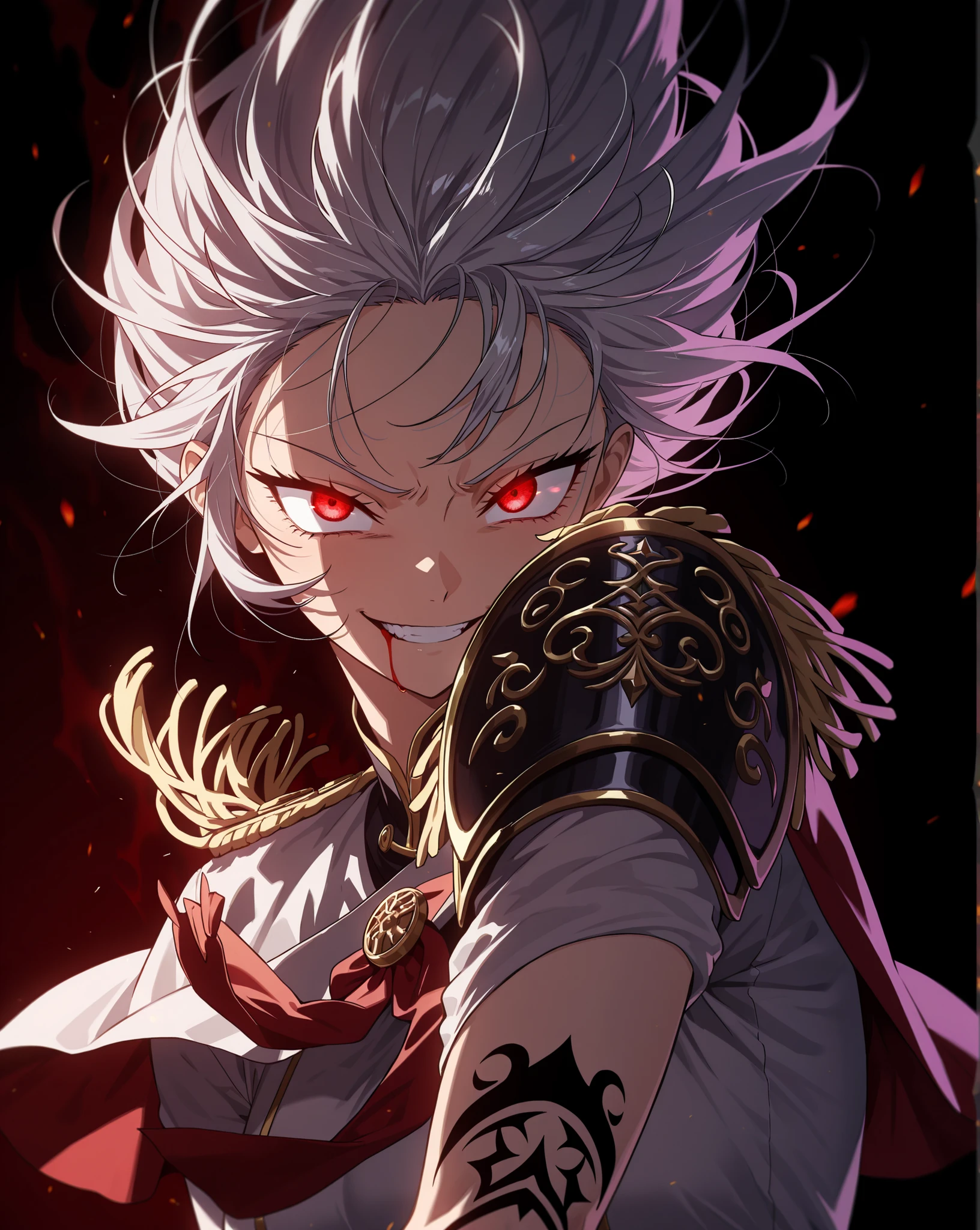 in the style of [Jujutsu Kaisen:0.77], god rays, vivid colours, light stream, manhwa girl, detailed texture, detailed feature,masterpiece, best quality, amazing quality, very aesthetic, high resolution, ultra-detailed, absurdres, (hands:-0.15), 
(1girl, young adult, female:0.95), solo, alone,(dynamic pose, upper body focus, action shot, three quarter view, close up, closeup shot:1.2), very long white hair, messy hair, red eyes, smirk, tsurime, killing aura, head tilt, glowing eyes, capelet, bloody white dress, epaulette, alt pauldron, single pauldron, cleaning blood of lips, bleeding mouth, black tattoos, glowing tattoos, mana circuits, dramatic lighting, dark aura, (tsurime, insane expression, yandere, romantic, gesugao:1.33),
BREAK, depth of field, volumetric lighting
 
