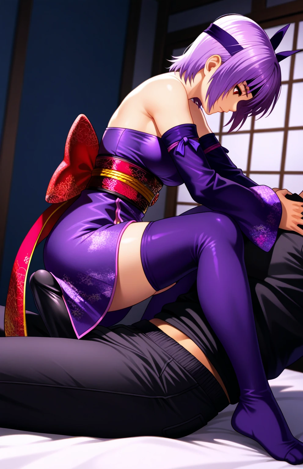 (score_9, score_8_up, score_7_up:1.5), (ai-generated:1.5), (Maximize Detail Slider:1.5), (Insanely Detailed:1.5), (easynegative:1.5), (source_anime:1.5), 1girl, long hair, breasts, bangs, large breasts, hair ornament, bottomless, 1boy, cleavage, purple eyes, purple hair, low braid, indoors, hetero, lying, uncensored, japanese clothes, realisitc penis (interracial:1.5), puffy pussy lips, spreaded pussy lips, looking back, sex, kimono, thick thighs, (vaginal:1.5), sash, mole under eye, (on side:1.5), obi, testicles, (sex from behind:1.5), clothed sex, expressiveh (moaning:1.8), interracial, shrug \(clothing\), bald, purple kimono, (sex from behind:1.5), obijime, raiden shogun \(genshin impact\), a view of a 4k girl having sex, a 4k girl with realistic skin textures.