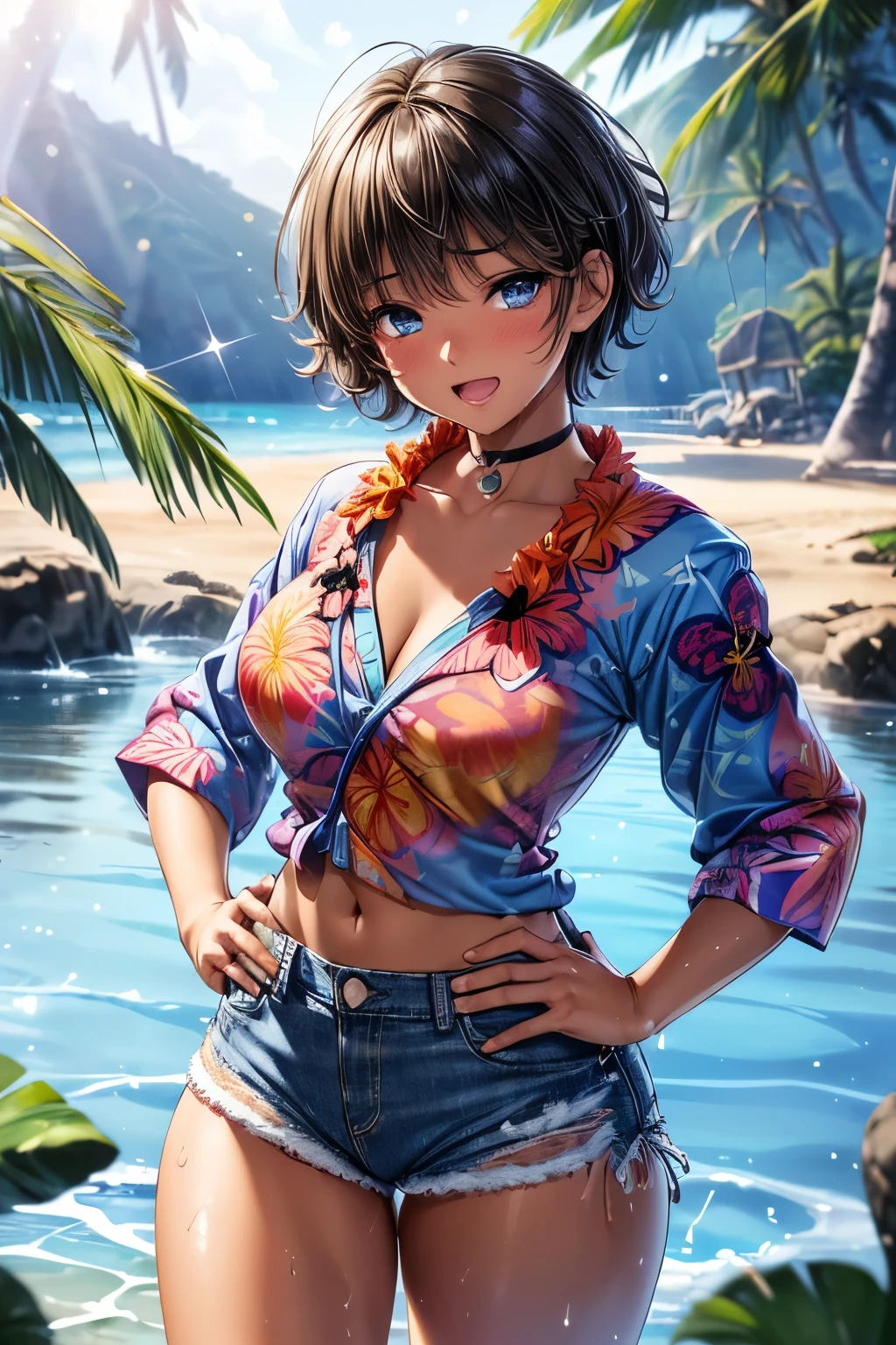 (short sleeve hawaiian shirt, aloha shirt:1.3), (open shirt, smile:1.4), masterpiece, best quality, cowboy shot, denim hotpants, thighs, beautiful girl, beach, blue sky and sea, looking at viewer, small waist, 8k, official art, raw photo, incredibly absurdres, facelight, dynamic lighting, cinematic lighting, bikini top, ultra realistic, highres, photography, film grain, chromatic aberration, sharp focus, highest detailed, palm tree, extreme detailed, ultra detailed, finely detail, extremely detailed eyes and face