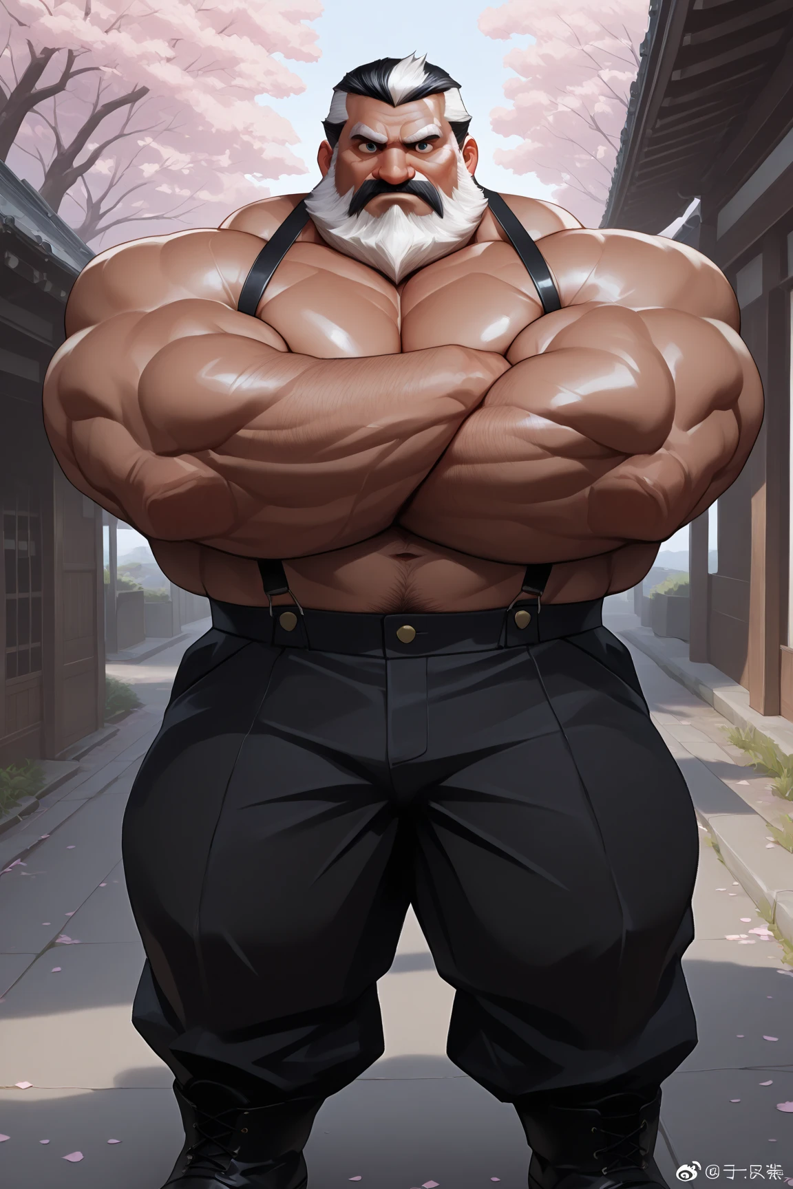 chubby old man in street city, old man, thick arm, huge arm, bearded. white hair and beard, bearded, muscular, pectoral, wide pectoral, realistic, 8k, masterpiece, (wearing shorts and shirtless:1.3, topless, shoes)