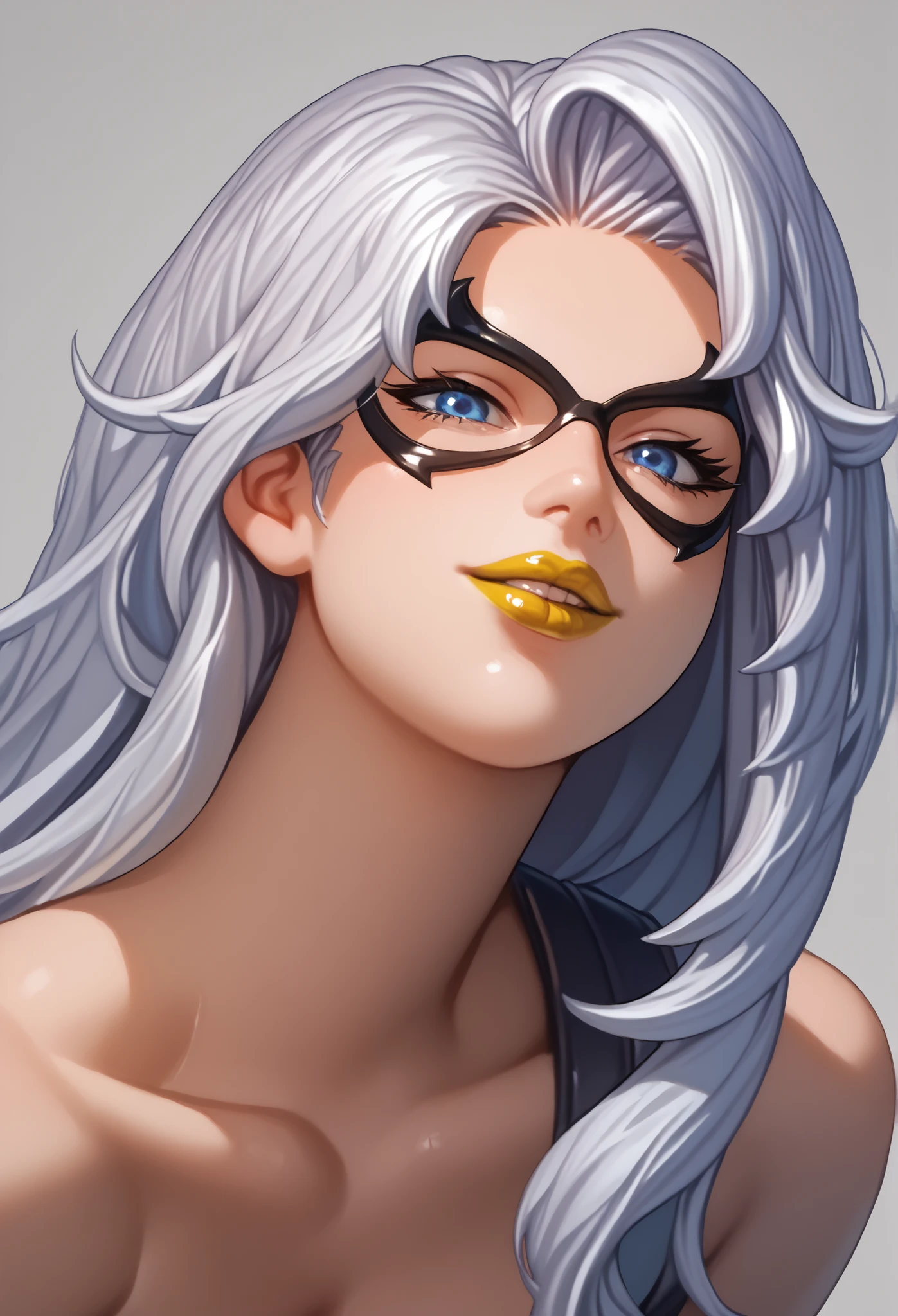woman, white hair, white skin, big breasts, Anime style, yellow lipstick, long hair, blue eyes, a mask, black cat, standing on all fours, shows off her breasts sexy pose, wants sex
