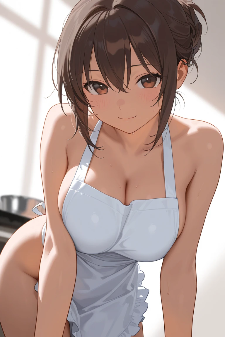 Kaori, 1girl, solo, upper body, kitchen, cooking, looking at viewer, smile, apron, perfect quality, good quality, masterpiece, HDR, UHD, ((hd armpits)), ((super detailed armpits)), ((full of sweat)), sweaty, ((dripping wet armpits)), close up armpits, ((armpit_hair:1.3)), moles armpits