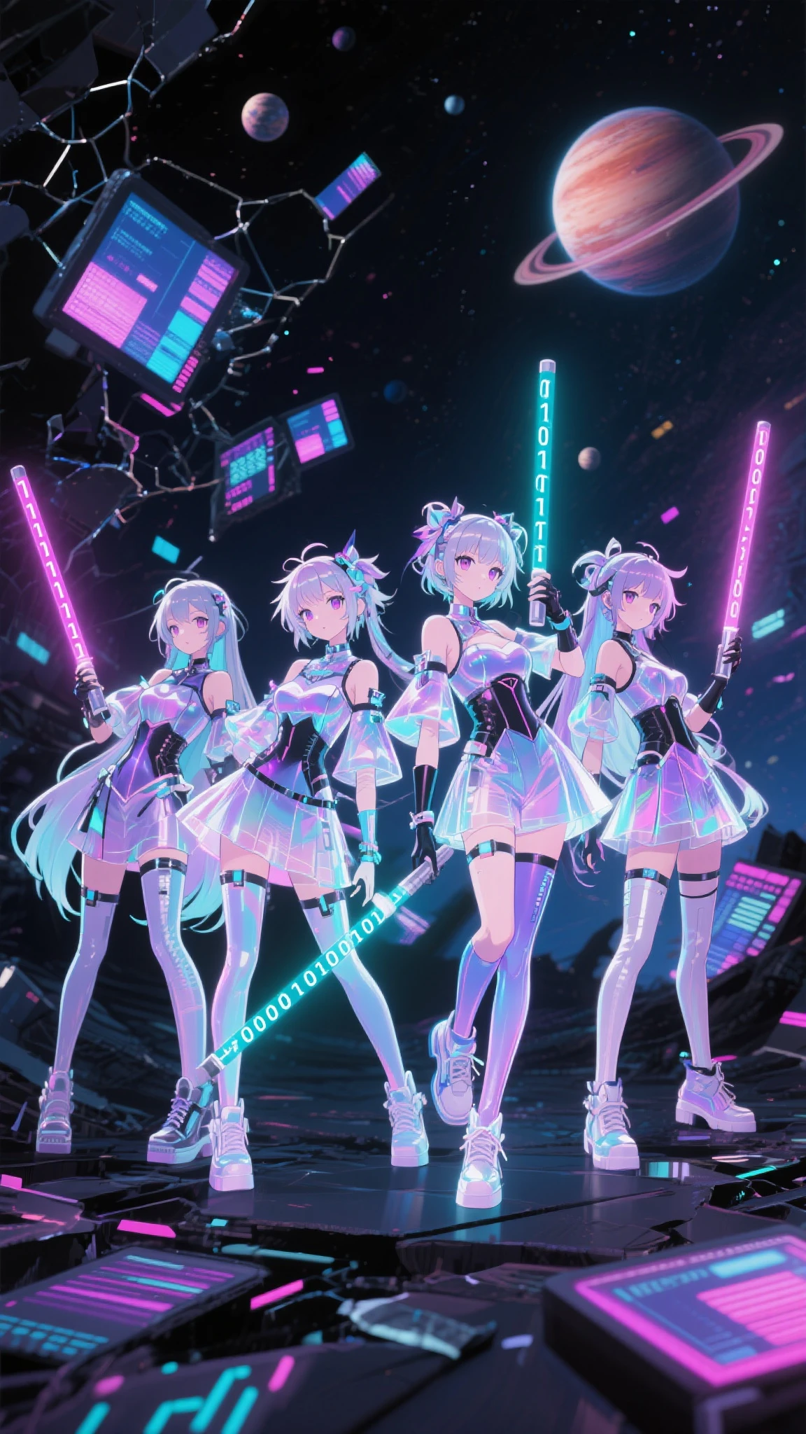 Very cute anime-style illustration、Close-up portrait of a person、Live scene of three school idols、SFFuturistic stage with cinematic mechanical disk shape、(((Three beautiful girls posing with smiles)))、SFAn idol costume that fits the body like a spacesuit that appears in anime、(((glossy colorvinyl80%Transparent see-through mini skirt)))、pinkhair、Sky Blue Hair、blondehair、purplehair、Everyone's hair color is different、Galaxy in the background、laser beam、Hologram projection halo