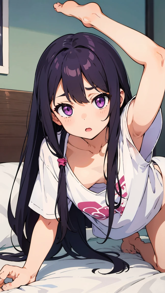 Elementary school girl, 8 years old, A cup breasts, black hair, long hair, purple eyes (one person) Plain white camisole on the upper body, navy blue mini skirt on the lower body, white panties((I can see her panties)) Barefoot Girls Room Sitting ((I can see your chest)) Dynamic angle Low angle