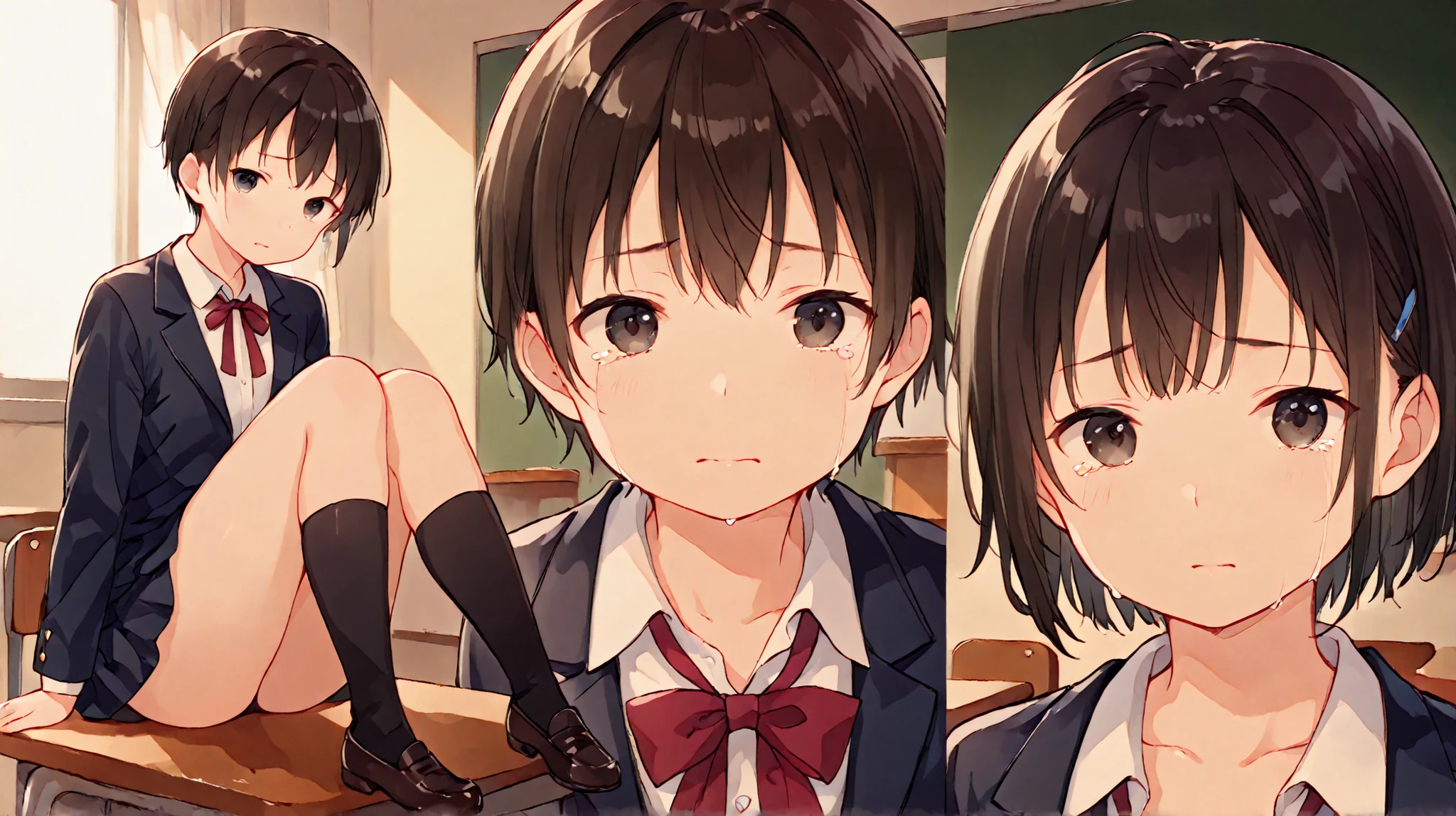 ((masterpiece)), ((highest quality)), (full body), 1girl, a cute Japanese high school girl, short hair, boyish hairstyle, tomboy style, wearing a blazer school uniform, small chest, realistic body, proportional body, correct anatomy, beautiful face, symmetrical face, sad expression, teary eyes, crying, looking at viewer, natural skin, photorealistic, soft lighting, high detail, ultra realistic, in an empty classroom, detailed room, walls, desks, curtains, no other characters