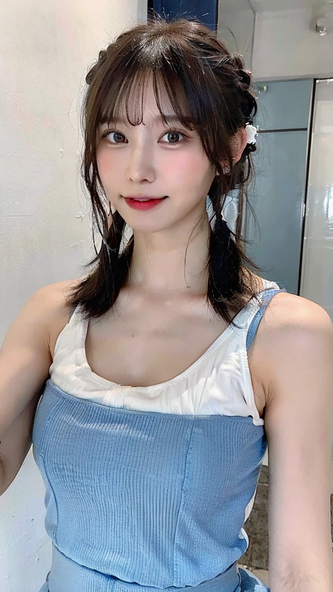 ((Highest quality、8K、masterpiece:1.3))、One Girl、beautiful woman with slim abs:1.3、(Random Hairstyles)、in house、Ultra detailed face、Fine grain、double eyelid、Huge 、stop temporarily、Running at the gym　Gymnastics　Whole body image　There is movement　Slim body　Sweat　thin feet　Shorts　sports　