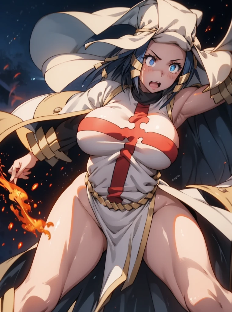 Demon woman, long black hair with flame details, huge breasts, defined, tall, almost red brown skin, long red horns, dressed in rags almost bandages, cave background With a bonfire and bones nearby 