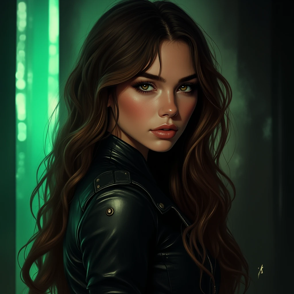 create an illustration of a young woman who looks 2, very dark brown hair, wavy and long, parted on the side, very white skin and slightly pink cheeks and light green eyes, wearing leather jacket, her fatal and sexy gaze and smirk in digital illustration style inspired by the GTA V loading screens, Her sexy expression, low lighting. thriller atmosphere. University hallway background with dark university lockers
