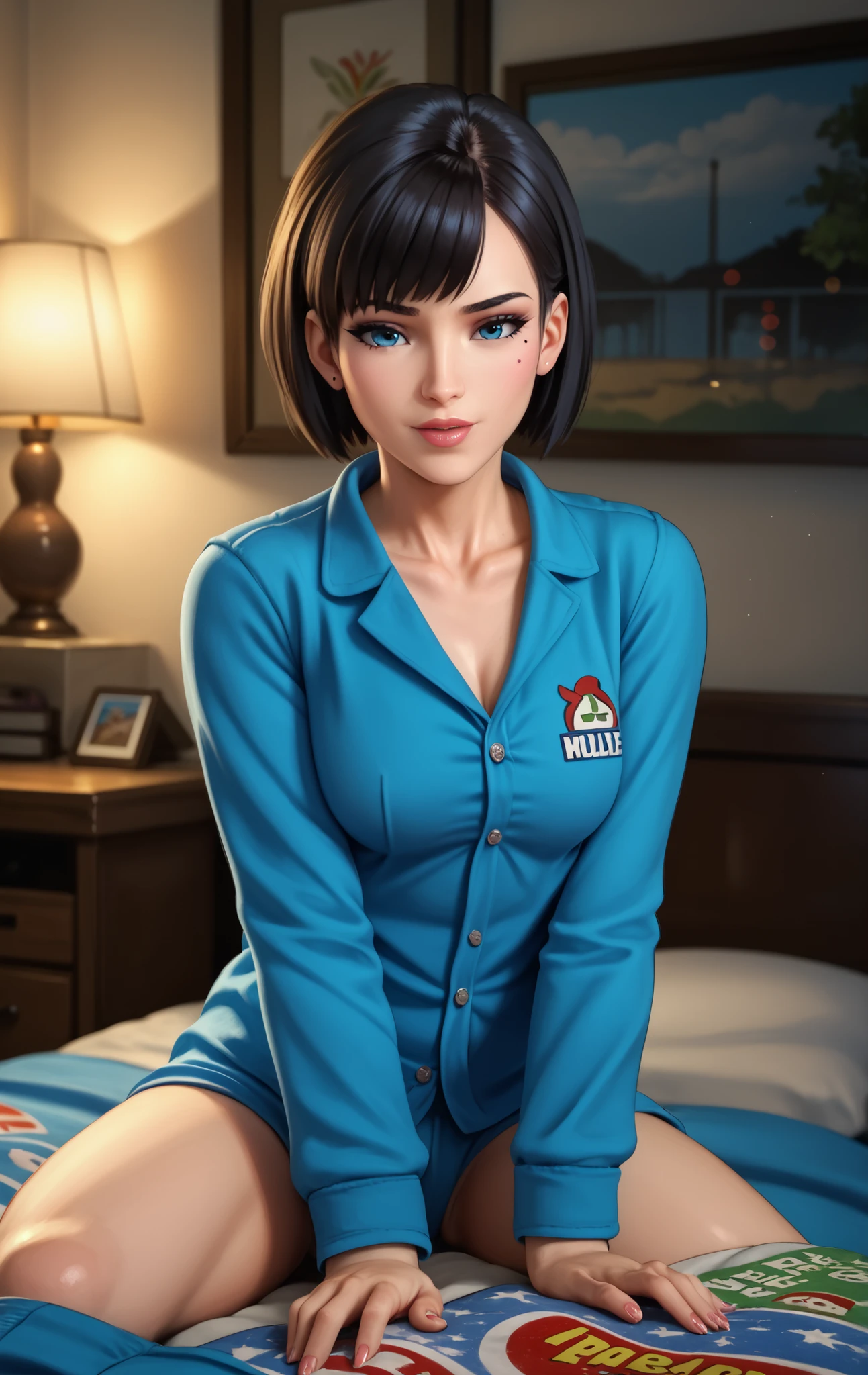score_9, score_8_up, score_7_up, score_6_up, anime, a girl in the hotel room, sit on a chair, black hair, short hair, blue eyes, eye liner, long eyelashes, beauty mark, best quality, 4k, 8k, high resolution, masterpiece, ultra-detailed, realistic, photorealistic, HDR, UHD, studio lighting, ultra-fine painting, sharp focus, physically-based rendering, extreme detail, professional, vivid colors, bokeh, detailed portrait of a young anime girl with short black hair and blue eyes, sitting on a chair in a hotel room, bedroom, her face framed by long eyelashes, pajamas, intricate details, cinematic lighting, photorealistic, highly detailed, anime style