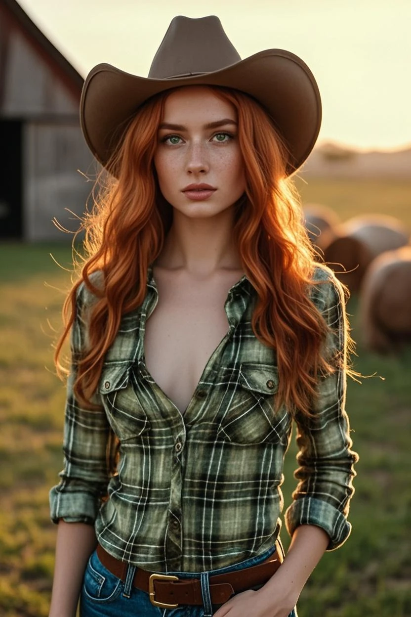 Luma is a topless person, she is beautiful And have a strong posture, she has huge breasts that have a voluminous proportion, a pear feminine silhouette, Auburn hair, long Auburn hair, She has expressive eyes, ( Only eyes olive green) Her skin is fair and she has some light freckles on her cheek bones, busty, Farm, Brown rustic clothes, boho clothes, farm boho fashion clothes, romantic vibes, fire lights, fire sparkles, flowers clothes the hair to be half straight and half with curled ends cartoon, nude tits