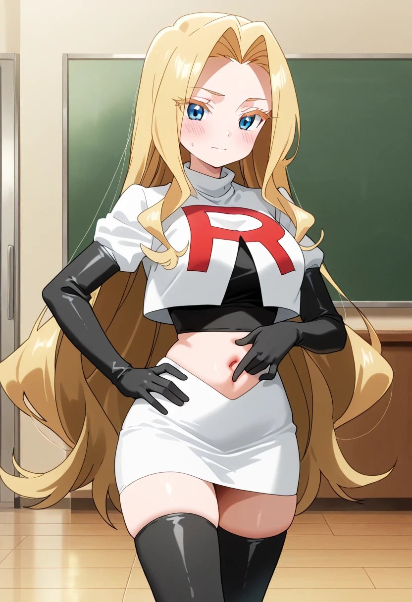 masterpiece, best quality, 1girl, solo, Oleana from Pokemon, long blonde hair, green irises, wearing a red shirt, with a hint of cleavage, in a black skirt and pantyhose. She has a white coat, well-done makeup, lipstick, and is styled in a pencil skirt. (holding a poke ball:1.3). (Determined expression:1.2), Completing her look is a choker and hoop earrings. (Background: Indoors, the hallways of a corporate office)
