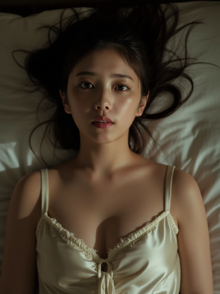 (8K)、(highest quality: 1.2)、(Real)、(Real: 1.4)、Ultra-high resolution、horror film、Dark world、Japan Edo Period、Japan in the 1400s、An 18-year-old girl in a kimono lying face-up on the ground、close her eyes, 19-year-old daughter in pain、It gets dark like a storm is about to break out、A scene sleeping with close her eyes