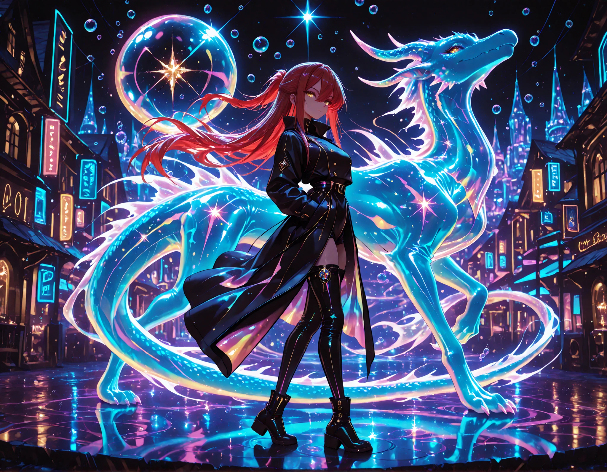 1 girl , golden eyes , very long hair , long sidelocks, red hair ,half updo, petite , very cute , beautiful ,Straight hair, cool, handsome, hair between eyes, sexy, medium breasts, neon color fashion outfit, coat,, high boots
walking,((( floating clothes,floating hair))),looking at viewer, from side, wind, night,
,(Masterpiece ),(best_quality ),(HD_eyes),(ultra_quality ),(Detailed),(scenery),(cinematic_lighting ),(depth),(detailed hands ),(colorful masterpiece ),(high-definition_eyes ),misty, bubble, fantasy, transparent jewel, transparent crystal, light, glow, shine, shining, dragon ghost silhouette in the background, neon colors, glowing, glow effect, vibrant colors, high contrast, fluorescent, luminescence, light effects, chromatic lighting, colorful lighting, bright outlines, neon lineart, dark background, digital art