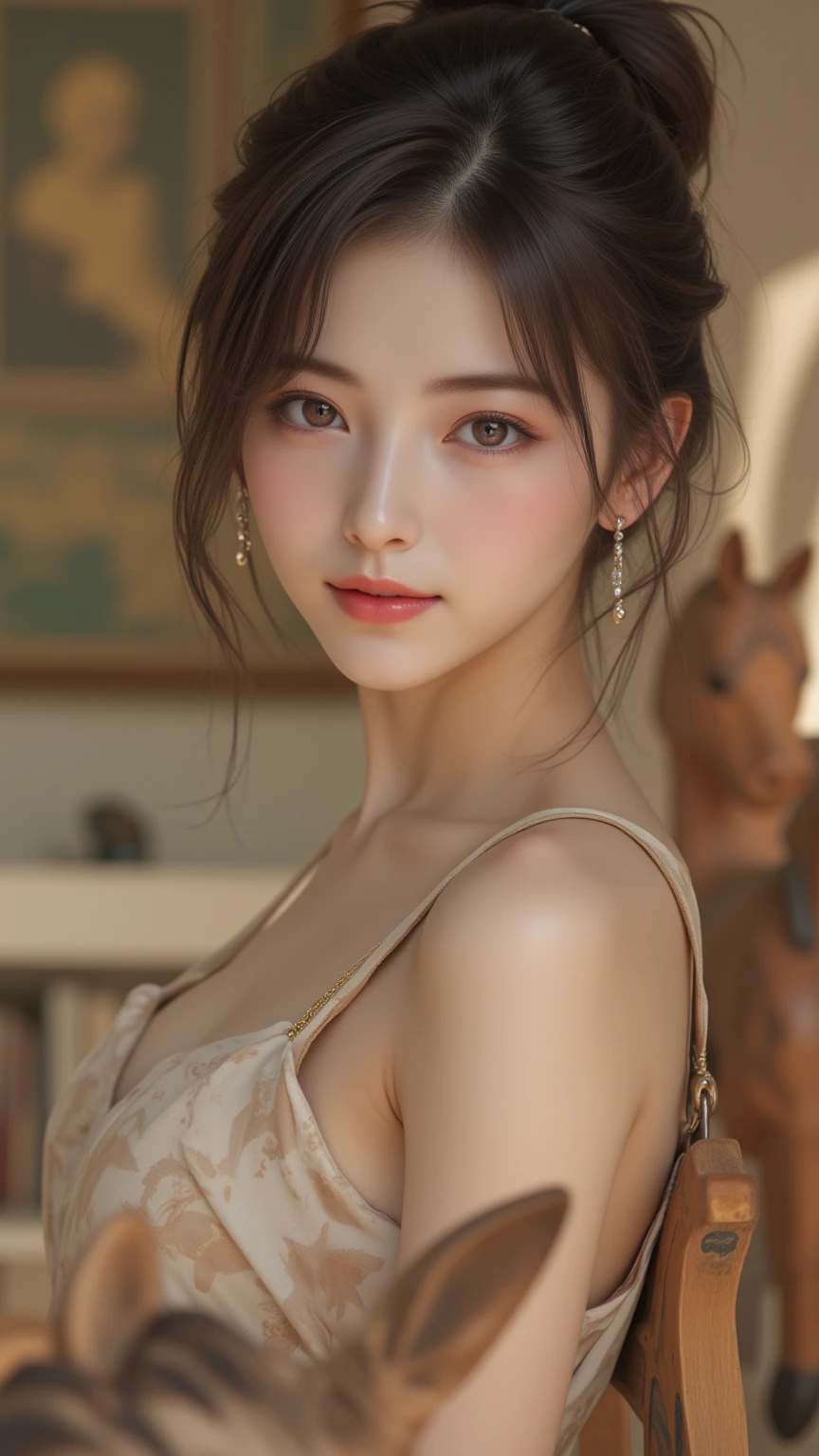 8K, of the highest quality, masutepiece:1.2), (Realistic, Photorealsitic:1.37), of the highest quality, masutepiece, Beautiful young woman, Pensive expression,、A charming、And a gentle look, Cute young lady, Newlywed life、Welcome back、Happy expression、Hair tied back, Cinematic background, Light skin tone