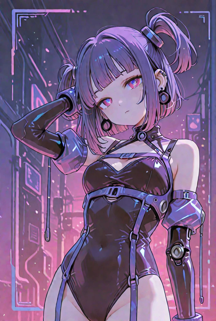 hair ornaments、Earrings、tattoo、Goth_punk, One Girl, solo,、highest quality, Realistic, Ultra-fine illustrations, Beautiful and attractive anime girl, miku hatsune, Slender body, Tied Hair, One Girl, Girl Photos, Full Body Shot,Pink Eyes, Rotated,Earrings、hair ornaments、gem、Purple Hair、Big Breasts,smile,
