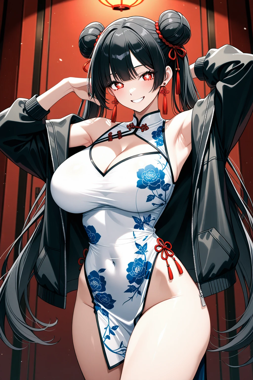 score_9, score_8_up, score_7_up, score_6_up, score_5_up, score_4_up, 1girl, Misato Katsuragi BREAK (close up shot, upper body:1.2), view from front, facing viewer, closeup of face, seductive look BREAK (wearing black micro bikini, underboob), (long black hair), ponytail, bright detailed blue eyes, (large breasts), cleavage, arched back, standing, tiny waist, (flat stomach), athletic BREAK neo tokyo well lit highrise building, filled with neon signs, well lit by red neon lights, translucid, fine red lips, pinup pose BREAK official art, masterpiece
