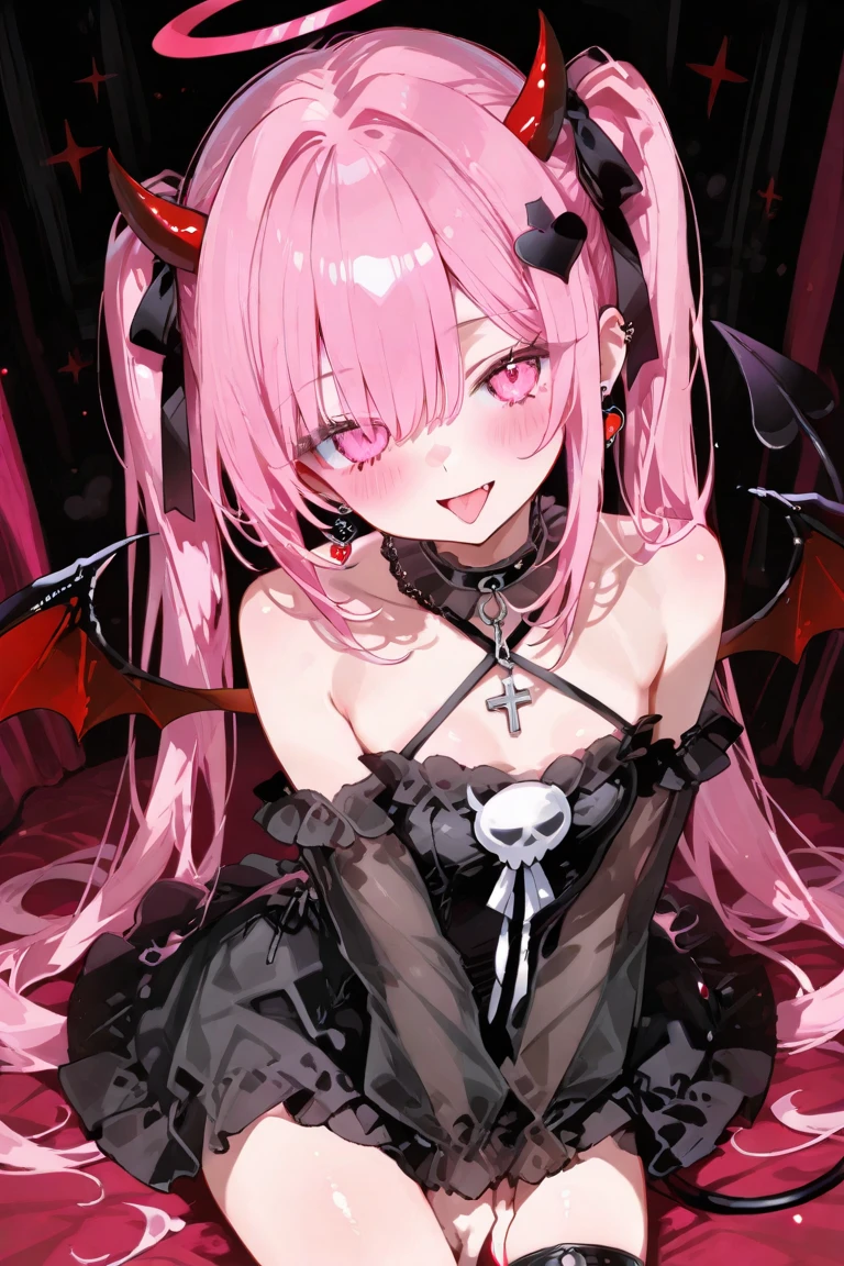 Pink hair. Pigtails. Miniskirt. Earring. Devil's wings. Fallen angel. Yami Ochi. Evil chi. Devil. Universe. Moon. Heart-shaped vacant chest. Heart logo. Blush. The devil's tail. Blindfold. Open mouth. Stick out your tongue. Sweat. Drool. Lick your fingers. Put your finger in your mouth. Get on your knees. Kneeling