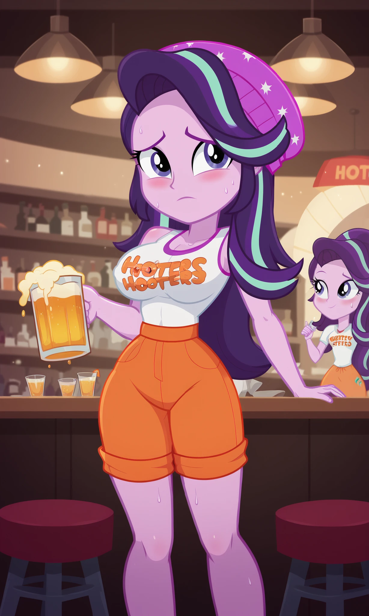masterpiece, detailed image, soft skin, style_2d_chibi, , starlight_glimmer, (starlight glimmer) 1 girl, colored skin, pink skin, violet hair, highlighted hair, long hair, green highlights, purple eyes,,, from side, closed mouth, holding, shy, white thighs, embarrassment, blushing, sweat, looking at viewer, employee uniform (HOOTERS), alcohol, beer, name tag, uniform, waitress, indoors, bar, chairs, chairs, tables, big breasts, serve, hold glass, orange shorts, jean_shot, standing, mermaids, shiny skin, covered nipples, oiled skin, sweat, wide hips, thick thigh,, SciTwi EQG, violet hair, colored skin, pink skin, purple eyes,,, ((ransu33 art style))