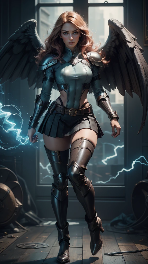 a picture of an mecha angel wearing black leather jacket, ((full body: 1.5)), exotic beautiful angel ((anatomically correct: 1.5), (ultra detailed face: 1.2), best detailed face, busty, folded wings, white angel wings, (white mecha armor: 1.3), she is wearing ((black leather jacket: 1.5)), intricate leather jacket, loose leather jacket, glam leather jacket, jacket has metallic studs, wearing silk dress, (dynamic color dress)), wearing thigh high heeled boots, cyberpunk church background, , vibrant, Hyperrealism style, vibrant, Ultra-high resolution, High Contrast, (masterpiece:1.5), highest quality, Best aesthetics), best details, best quality, highres, ultra wide angle, 16k, [ultra detailed], masterpiece, best quality, (extremely detailed) RAW, feathered wings,