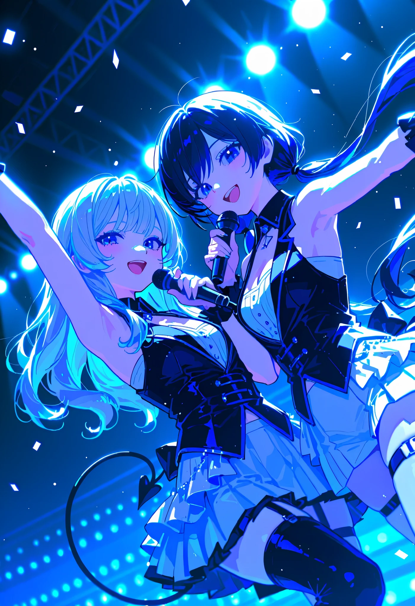 (Anime style:1.3), (Realistic, Photorealistic: 1.37), (Masterpiece, Best Quality: 1.37), (Ultra High Resolution: 1.2), (RAW Photo: 1.2), (Sharp Focus: 1.3), (Face Focus: 1.2), (Ultra Detailed CG Unified 8k Wallpaper: 1.2), (Beautiful Skin: 1.2), (pale Skin: 1.3), (Hyper Sharp Focus: 1.5), (Ultra Sharp Focus: 1.5), ( Beautiful pretty face: 1.3), (Japanese actress face:1.3), (super detailed background, detail background: 1.3), masterpiece, best quality, high res, ultra detailed, hyper sharp, absurdres, detailed face, white skin, real human skin, (detailed face), oval face, pores, from below, low angle, looking down the viewer, ultra high res, (8k, RAW photo, photorealistic:1.4), BREAK, 1girl, slim, (large-breast:1.37, cleavage), Illustration of a scene in which an idol singer is singing enthusiastically on a live stage.

The idol singer is standing in the center of the stage.
The idol singer is wearing a mini-skirt and boots.
The idol singer has her hair up and is wearing a headset.
The idol singer is holding a microphone and singing.
The idol singer's expression is serious and powerful.
The singer's voice is strong and beautiful.
Fans are gathered around the stage.
Fans are singing and dancing along with the idol singers.
The venue is filled with excitement.
This illustration shows the passionate live performance of an idol singer. Fans are fascinated by the idol singer's voice and performance. The venue is filled with excitement and the idol singer's live performance is a success.