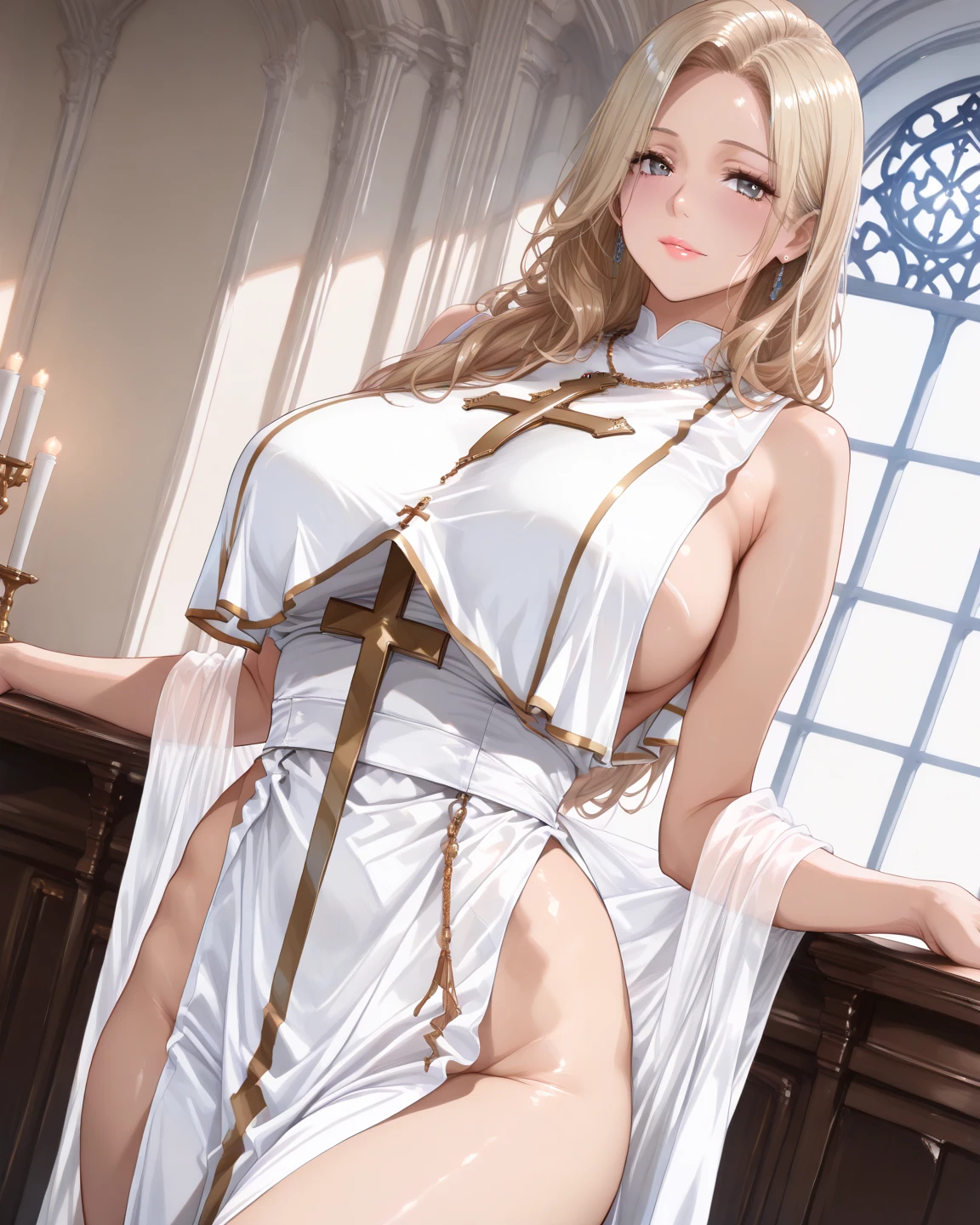 ((masterpiece)), ((Ultra quality)), ((super detailed)), ((high resolution)) ,((8k)), a beautiful woman, ((She is one of the most famous female Priest)), unparalleled beauty, ((large breast)), ((large ass)), ((deep cleavage)), slim waist, chest out, ultra detailed face, perfect skin, (((long blonde straight hair))), ((Green eyes)), detailed eyes, whole body image, (((anime))), ((glamorous)), ((Age 28)), ((incredibly beautiful woman)), ((The H cup bust:1.2)),  ((((See-through negligee, Pure white underwear)))),  ((beautiful breasts)), beautiful legs, 8 life size, anime, ((charm)), ((Grown-up face)), ((Perfect fingers)), ((Bewitching)), ((((Up close)))), ((((A reassuring smile)))), ((Sexually attractive)), ((Secret Room, Late-night secret meeting)),