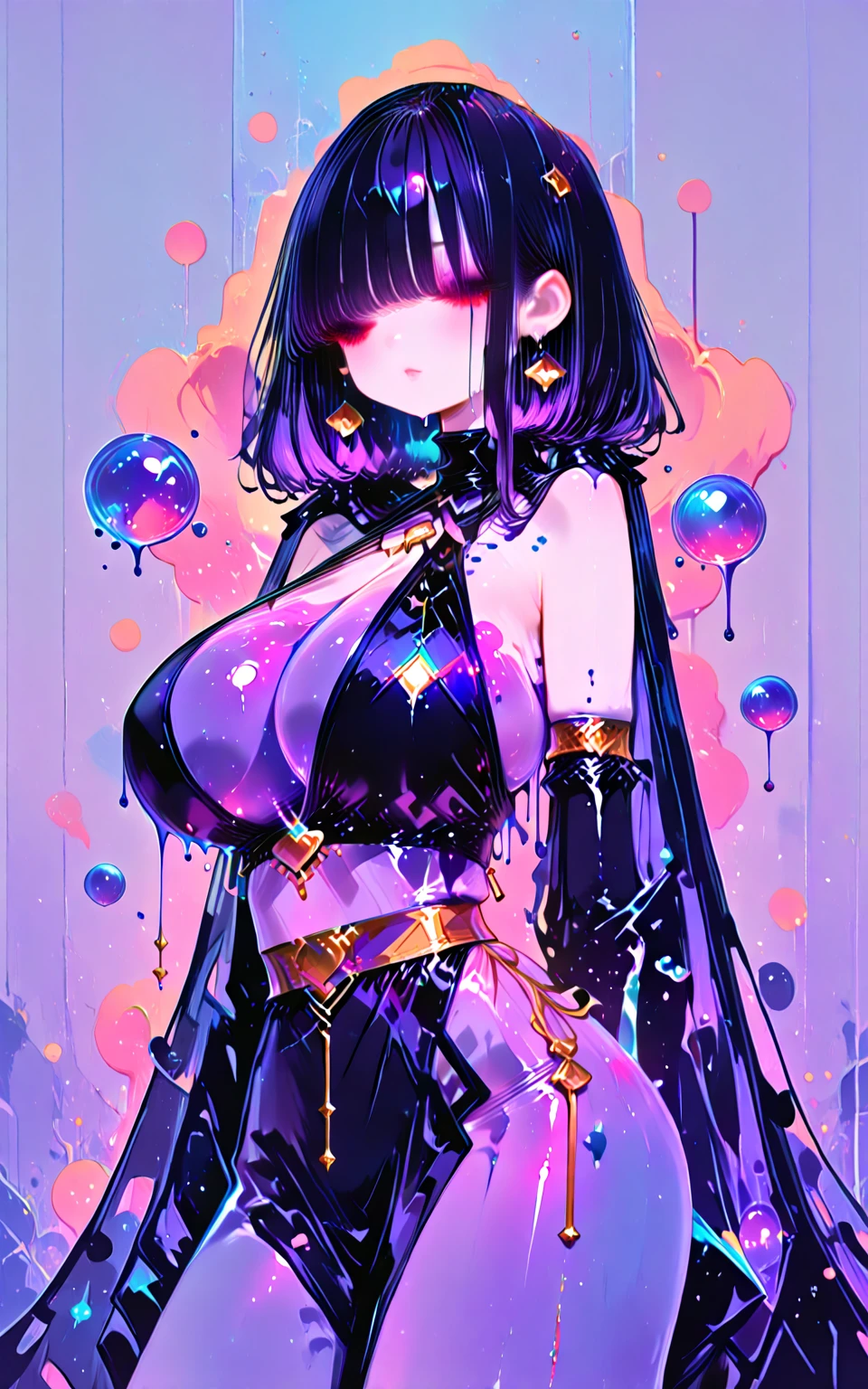 (Masterpiece, Best Quality), 8k,(((highly detailed))), lace:1.8,Super intricate lace pattern,colorful lace pattern,stained glass background, kaleidoscope,light-up,baggy Gothic, 1 woman,(wave hair,neon hair),off shoulder, breasts,