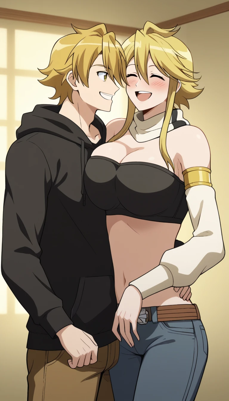 Nsfw, 1girl, (1man,tan,muscular,ukkripp:1.3), ,blue sleeveless ribbed sleeveless turtleneck sweater,, long hair, big breasts, sitting on coach, in the nightclub, lounge, man wearing tuxedo, (man grabbing girl's breasts:1.3), looking up, view from above, breasts press, (loli:1.3), cute, (seductive smile, half closed eyes, embarrassed:1.2), (red eyes,blonde short hair,Milkmaid,french braid,forehead,hair between eyes,side burns,half updo,cross-eyed),gleaming skin,
(cute illustration:1.2), high-resolution, ultra-detailed, best quality,