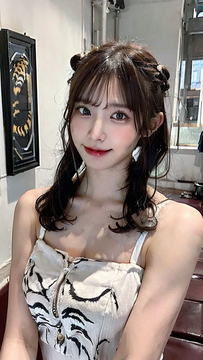 ((Best quality, 8k, Masterpiece :1.3)), 1girl, Pretty woman with emphasizing slender abs :1.3, (random hairstyles :1.2), Oversized tank top :1.2, Ultra-detailed face, Detailed eyes, Double eyelid, armpit