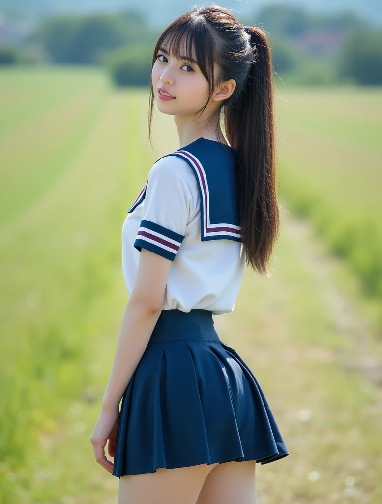 1 young girl,very cute and beautiful japanese teen actress,highly detailed beautiful face,twin braid,
white campisole,looking at viewer,smile,happy,stylish pose,pleated navy blue mini skirt,solo,
countryside,footpath between wheat fields,beautiful summer sky,real person,photorealistic,8k,raw photo,