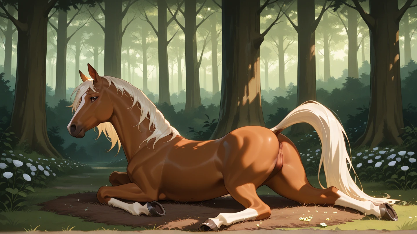image of a forest, a mare, a very beautiful and perfect female horse, your big ass 2.5, back view, She is looking at the viewer, look smiling, Very sexy