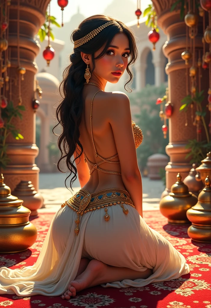 Oil painting of Huma Qureshi , young, beautiful, a prisoner in a medieval castle, chained in a dungeon, sitting, wearing white tattered rags hanging, large breasts and hips visible, small window in background, chains visible, sad expressions, upper body view, rear view, butt crack visible, by Boris Vallejo, Frank Frazetta