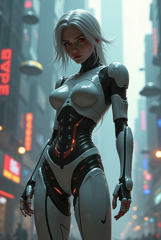 8k, generate nude cyber woman, with armament, neon lights, futuristic atmosphere