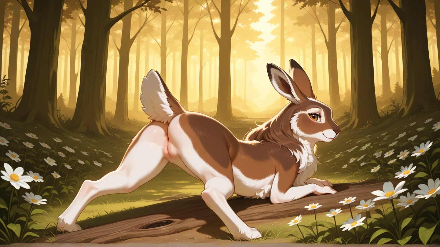 masterpiece, high quality, photorealism, ((feral, quadruped:1.3)):1, (solo), skunk, presenting hindquarters, looking back, looking back at viewer, paw hands, paw feet, paws, raised tail, big butt, wide hips, anus, plump labia, puffy pussy, plump labia, innie pussy, ((digitigrade)), from behind, outdoors, forest, fluffy, ((glistening butt:1.3, oiled butt:1)), skunk tail