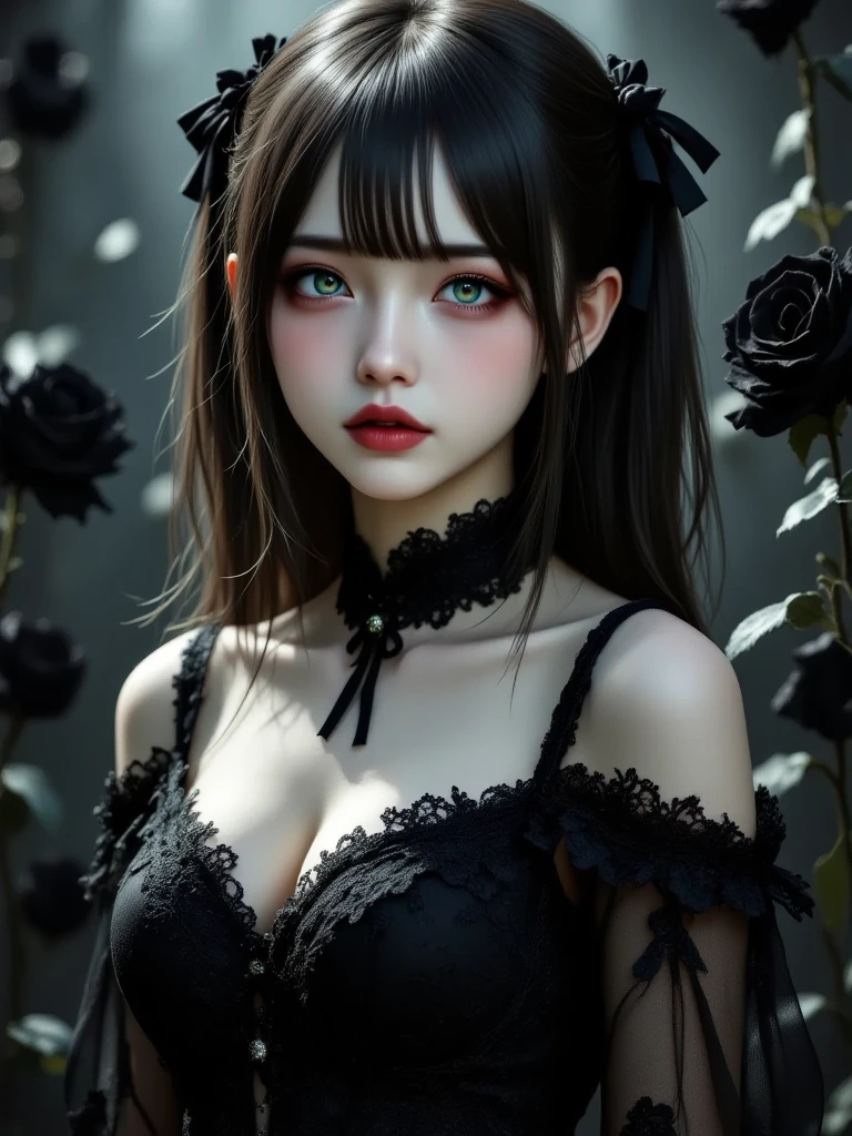 Official Art, Unity 8k wallpaper, super detailed, beautiful, beautiful, masterpiece, best quality,
darkness, atmosphere, mystery, romanticism, creepy, literature, art, fashion, victorian, decoration, intricacies, ironwork, lace, contemplation, emotional depth, supernatural,
1 girl, solo, neck, bust composition