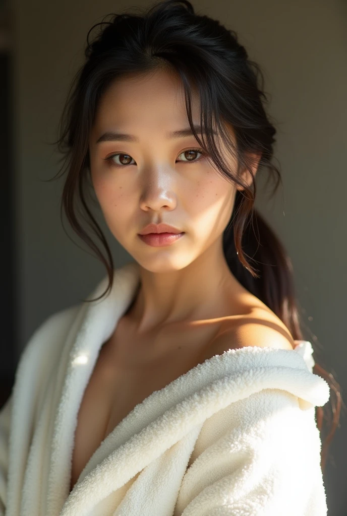 (best quality, highres, masterpiece, photorealistic:1.2),(HDR, vivid colors),(1girls:1.4), a japanese woman with (towel on neck:1.3), sagging boobs, thin and skinny body, beautiful face, detailed face feature, posing for a picture,outdoor onsen, wet body and hair, professional dynamic lighting, (close up:1.3, seen from below:1.2), detailed facial expressions, natural poses, foggy and grey background, cool tones, cozy atmosphere, photon maping