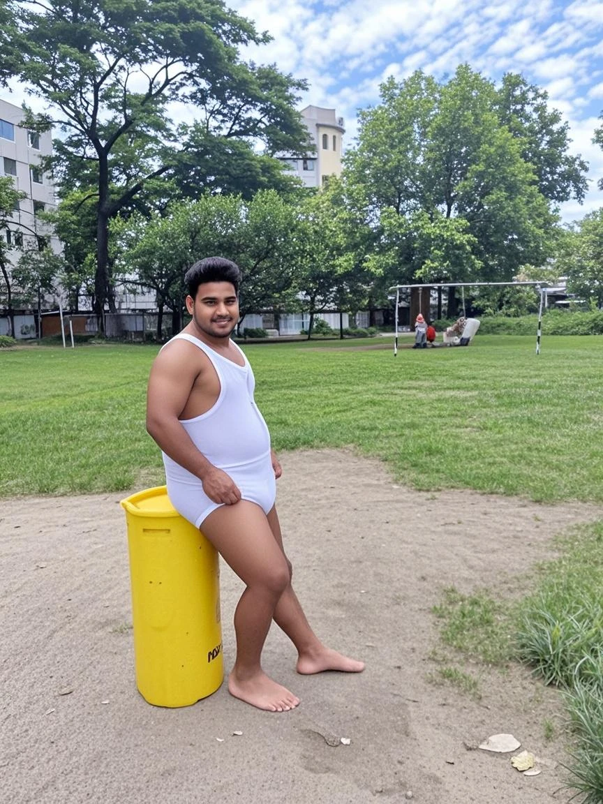ha hum homem sorrindo na foto de sunga vermelha, corpo robusto e encorpado, Daddy Type, aparenta 40 anos